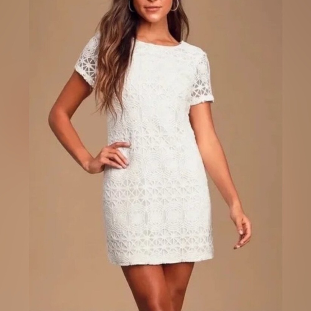 Lulus Love You for Eternity white lace overlay dress, large